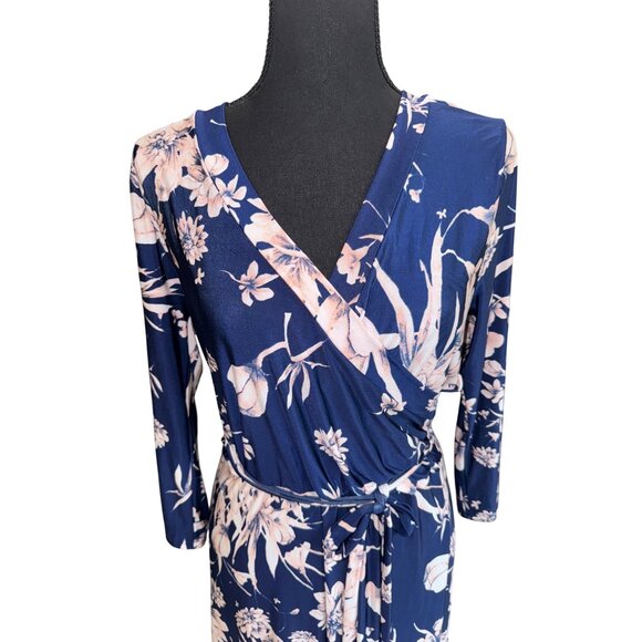 TriaTria Plus Size 1X Floral Navy Pink Maxi Wrap Dress 3/4 Sleeves Tie Waist - Picture 2 of 11